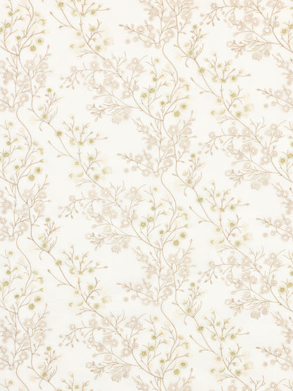 Ivory sheer fabric with delicate beige botanical branches and pale green buds in a soft floral pattern.
