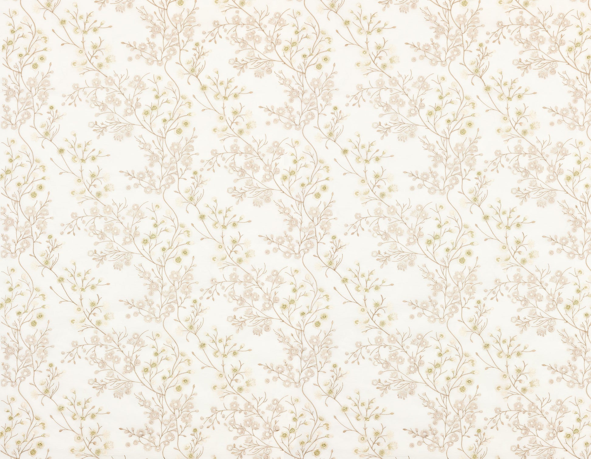 Ivory sheer fabric with a seamless vintage floral pattern of delicate beige botanical branches and tiny pale green buds.