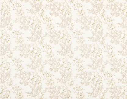 Ivory sheer fabric with a seamless vintage floral pattern of delicate beige botanical branches and tiny pale green buds.