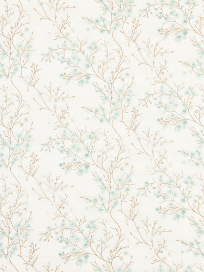 Soft Celadon sheer fabric with a delicate botanical motif: brown branches, pale teal flowers & tiny white blossoms.