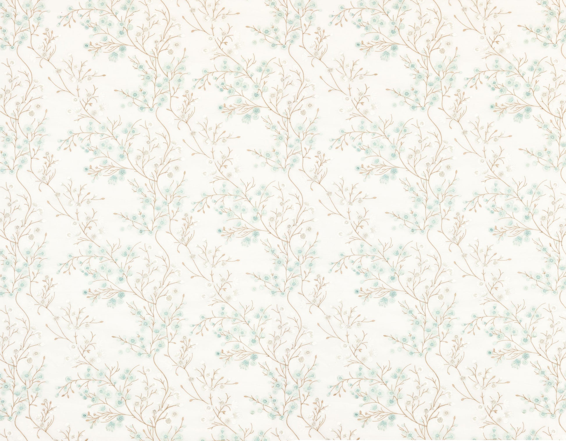 Soft cream sheer Celadon fabric with beige botanical branches and pale turquoise blossoms, seamless pattern.