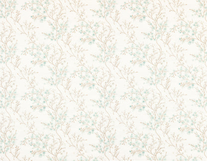 Soft cream sheer Celadon fabric with beige botanical branches and pale turquoise blossoms, seamless pattern.