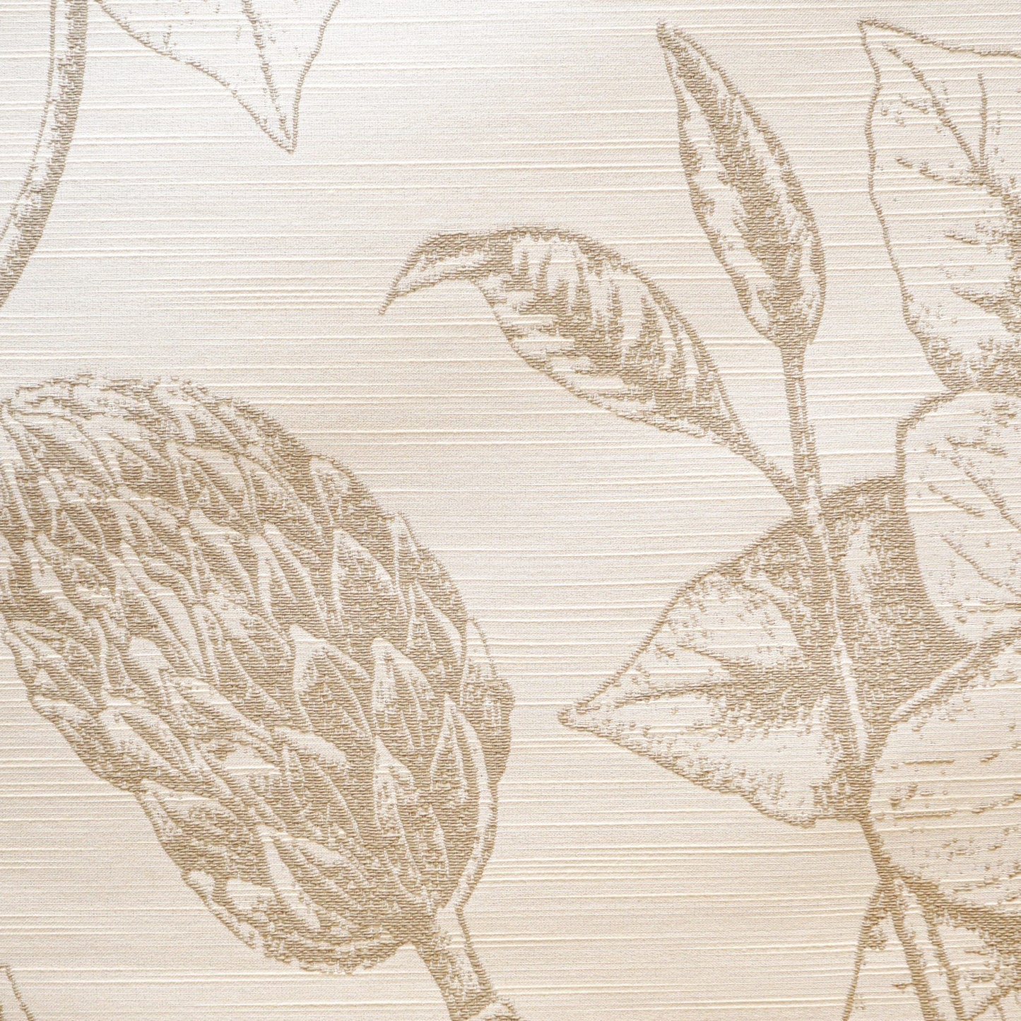 Beige botanical artichoke motif on textured linen-like jacquard fabric.