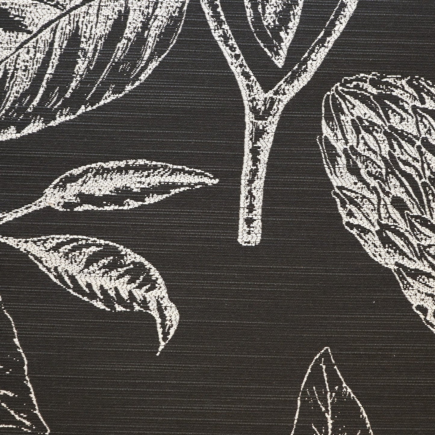 Charcoal fabric with white line-drawn botanical leaves and stems in a sketch-style print.