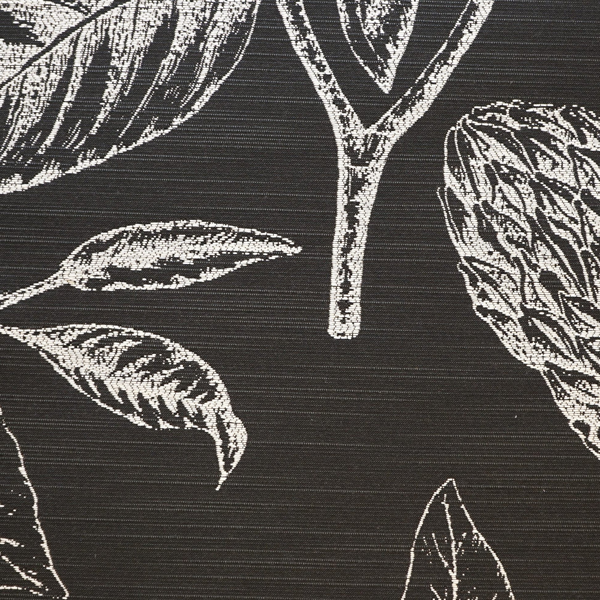 Charcoal fabric with white line-drawn botanical leaves and stems in a sketch-style print.