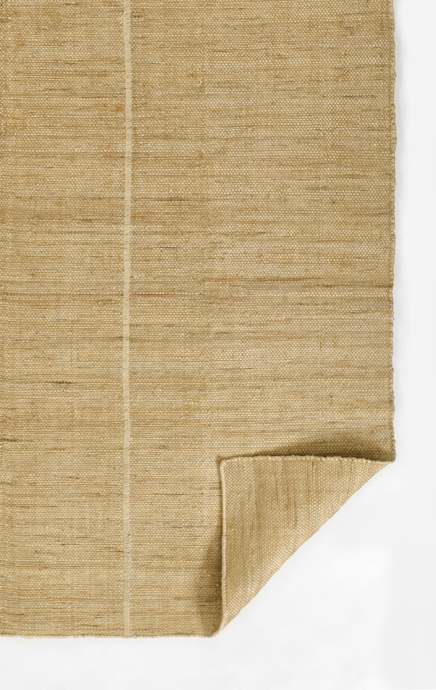 Natural jute rug with pale vertical stripe, woven texture; beige-brown tones and folded corner.