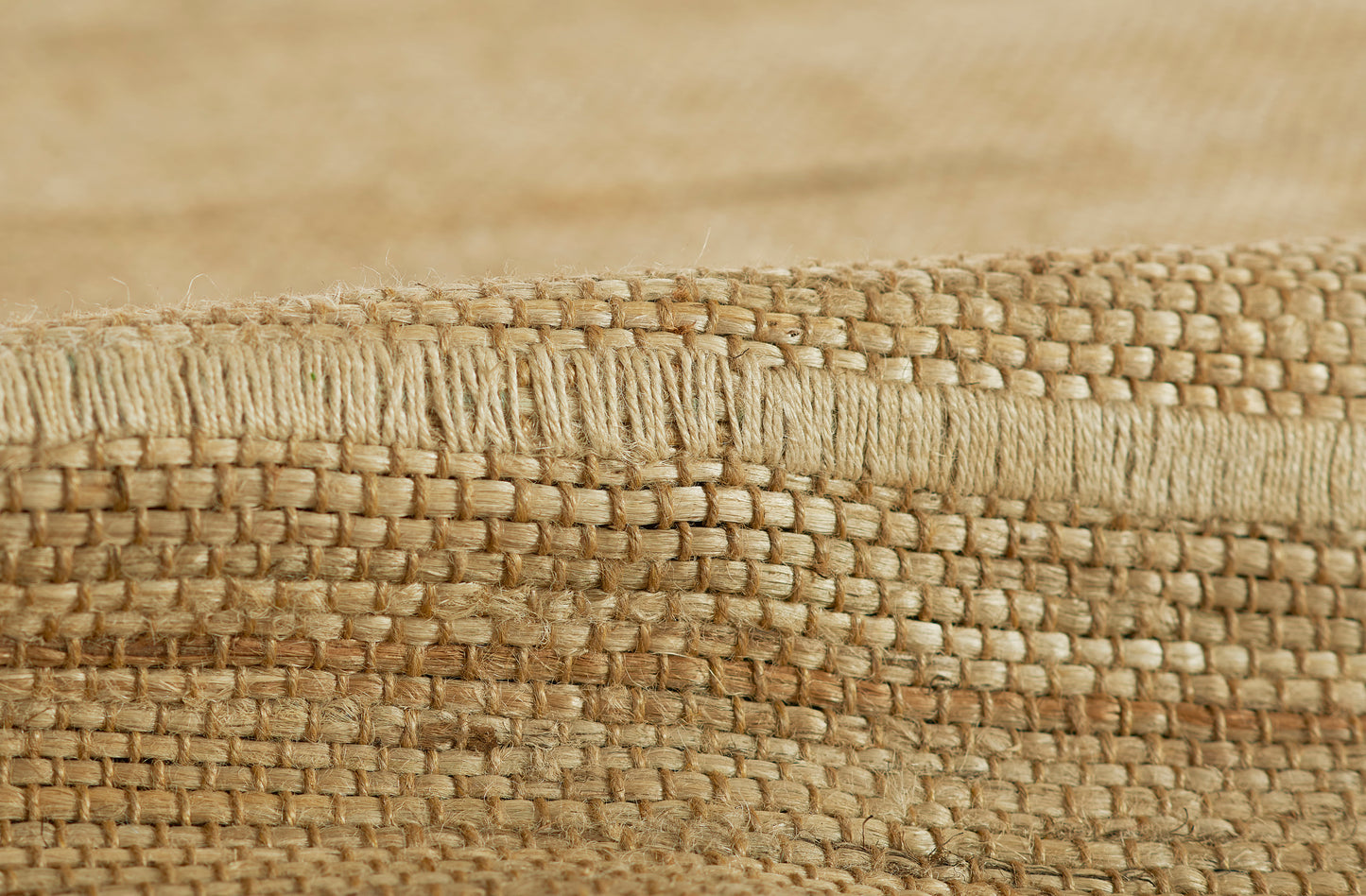 Natural palm fiber rug close-up; beige woven texture with braided edge, rustic coastal style.
