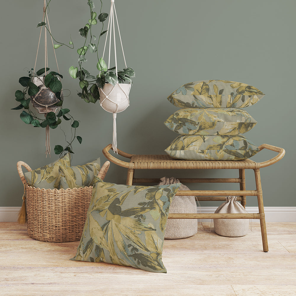 Fabric swatch with tropical palm leaf botanical print.