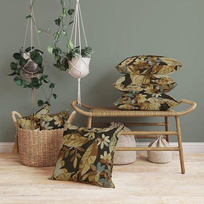 NJ25-2572 Woven Jacquard NJ Palate Cognac fabric featuring large botanical leaf pattern in warm cognac and neutral tones. Luxurious woven texture ideal for upholstery, curtains, and decorative accents in nature-inspired interiors.