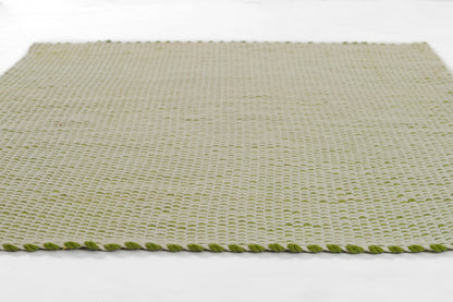 Beige woven runner rug (3' x 8') with a green braided edge.