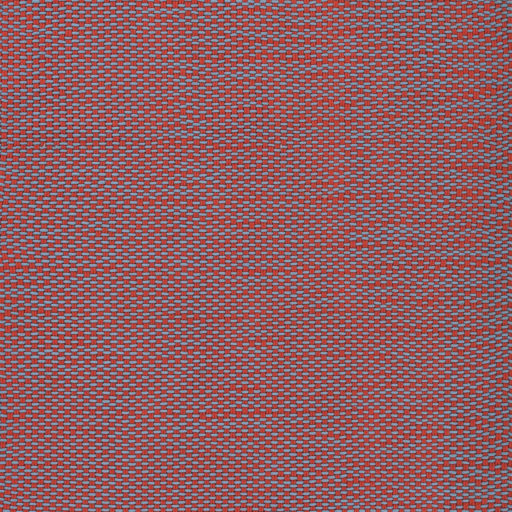 Red woven rug runner with small blue threads forming a tight micro-check pattern; 3' x 8' size, suitable for hallways or rooms.