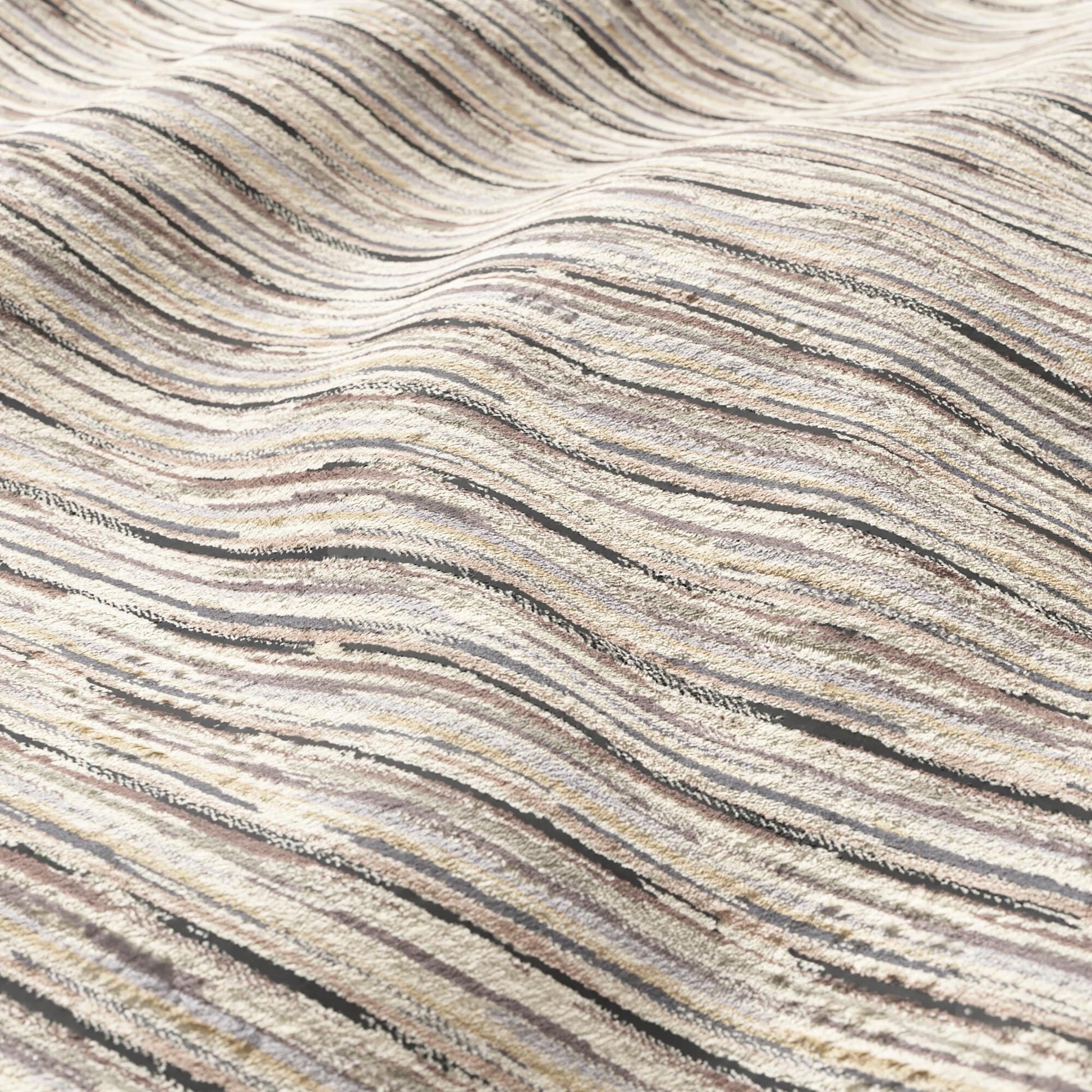 Beige striped fabric with cream and taupe wavy ridges, a textured textile for modern or coastal decor.