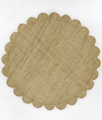 Round natural burlap placemat with scalloped edge; rustic beige texture for table settings.