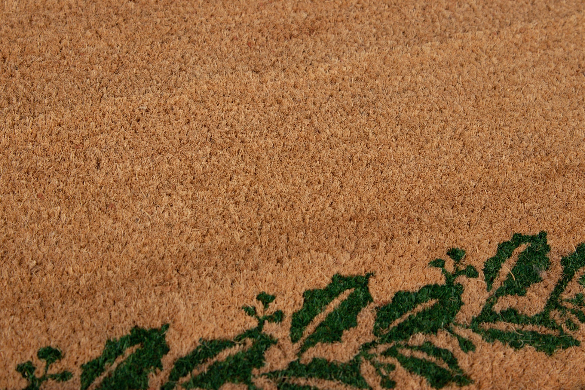 Textured rug with a dark green leafy vine border along the bottom.
