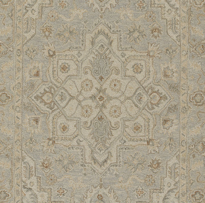 Light distressed beige rug with an ornate central medallion and floral border in taupe and pale blue.