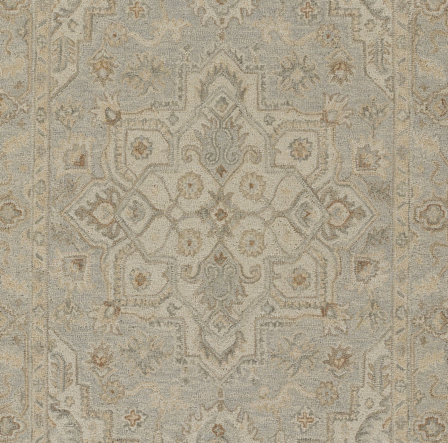 Neutral beige-gray area rug with an ornate ivory and taupe medallion pattern and distressed finish.