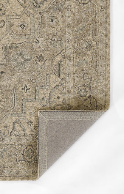 Taupe Persian-style runner rug (2' x 8') with subtle floral motifs; folded corner reveals light gray backing.