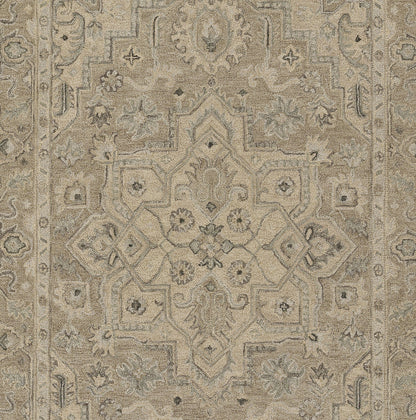 Taupe and beige Persian-inspired area rug with ornate central medallion and floral motifs, vintage distressed look.