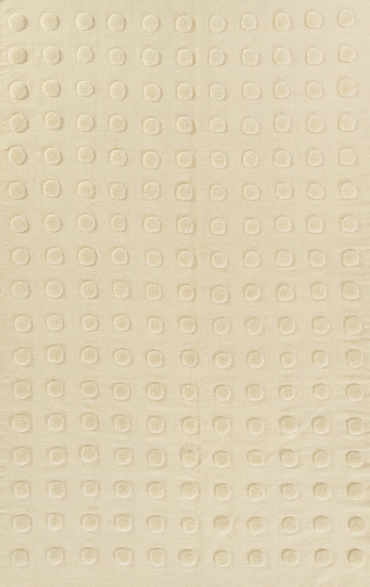 Beige fabric with tiny raised circular dots in a neat grid, soft texture for upholstery or wallpaper.
