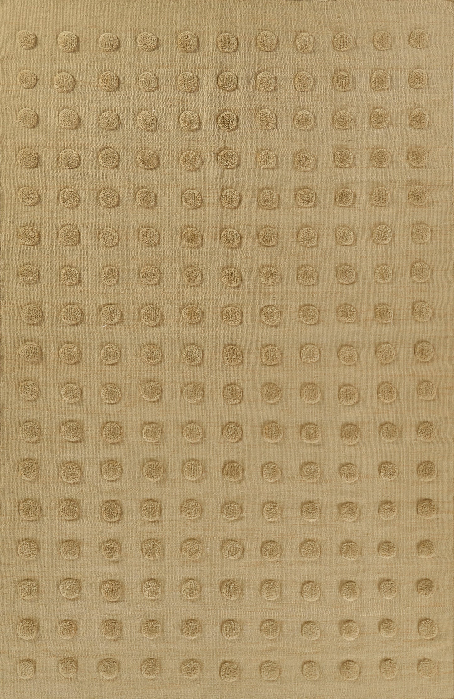 Taupe fabric with evenly spaced circular embossed dots in a grid; textured upholstery pattern.