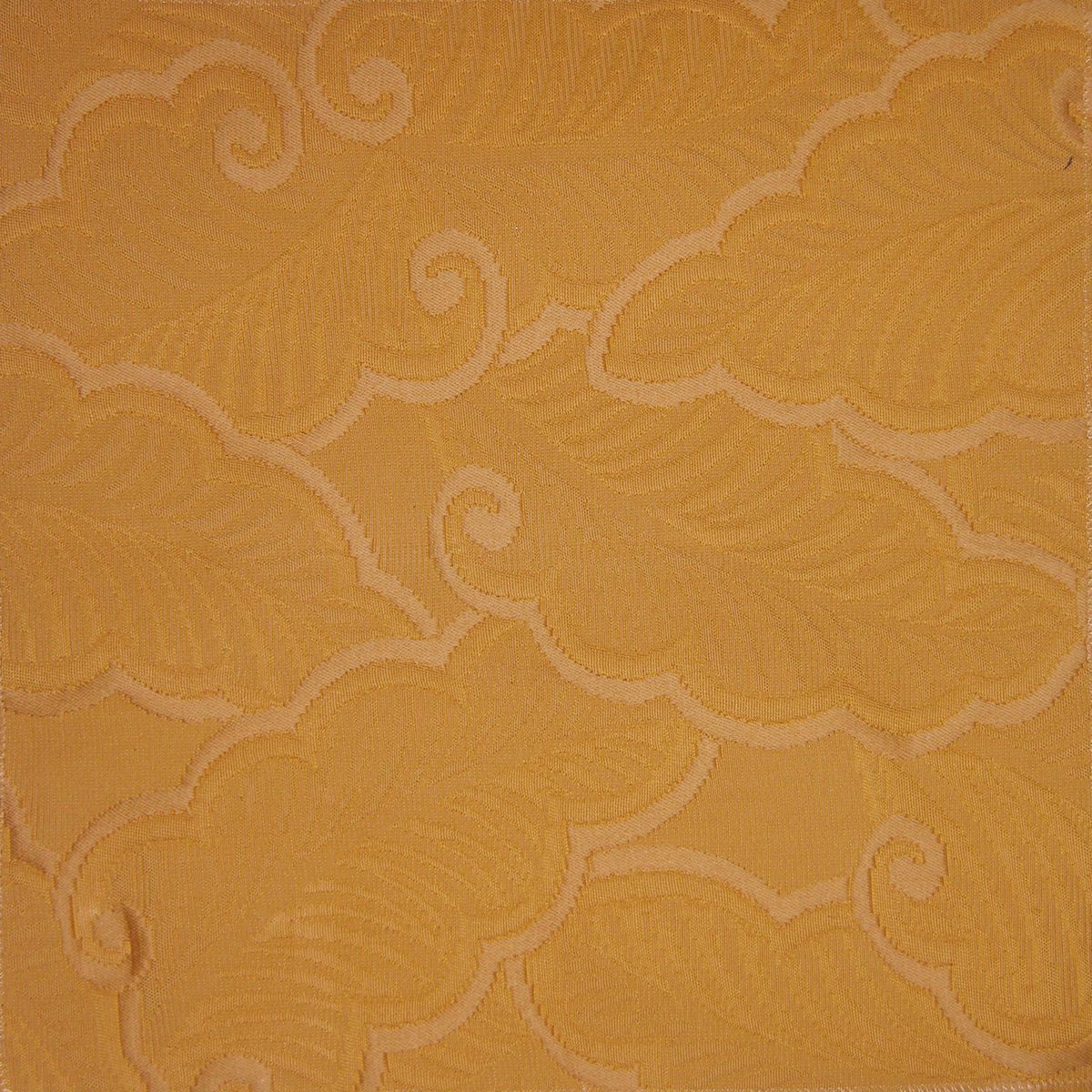 Golden-yellow damask fabric with a raised scrolling cloud motif in luxurious jacquard texture.
