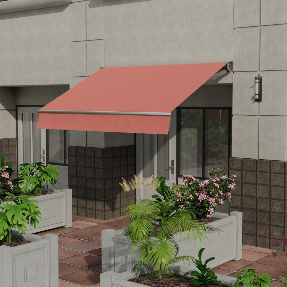 Red solid fabric material on a tiled terrace with white rectangular planters and green plants.