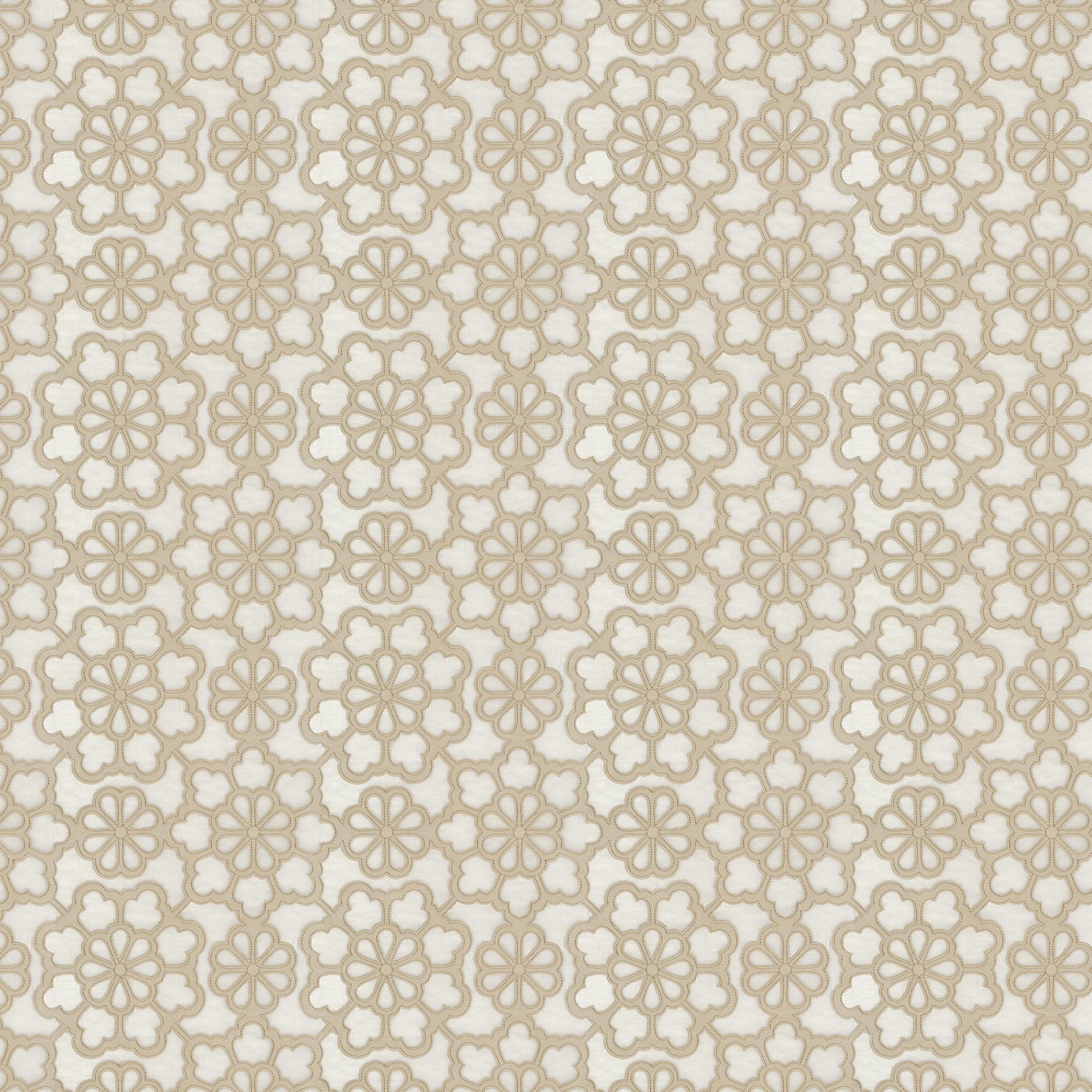 Beige floral lattice fabric with rosette motifs on ivory background; embroidered, sheer, damask-style texture.