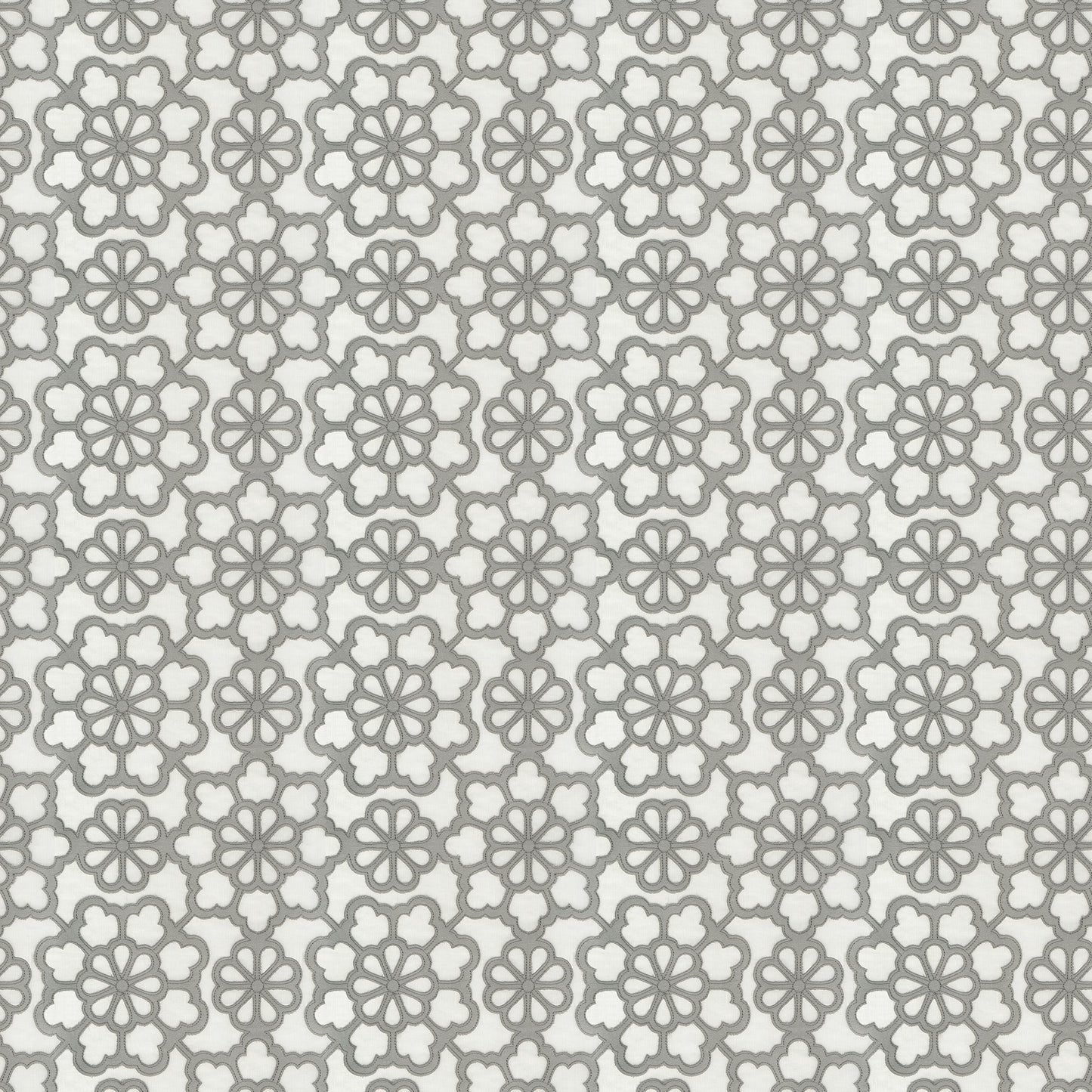 Blue floral embroidery fabric with a repeating rosette/quatrefoil pattern; sheer, textured.