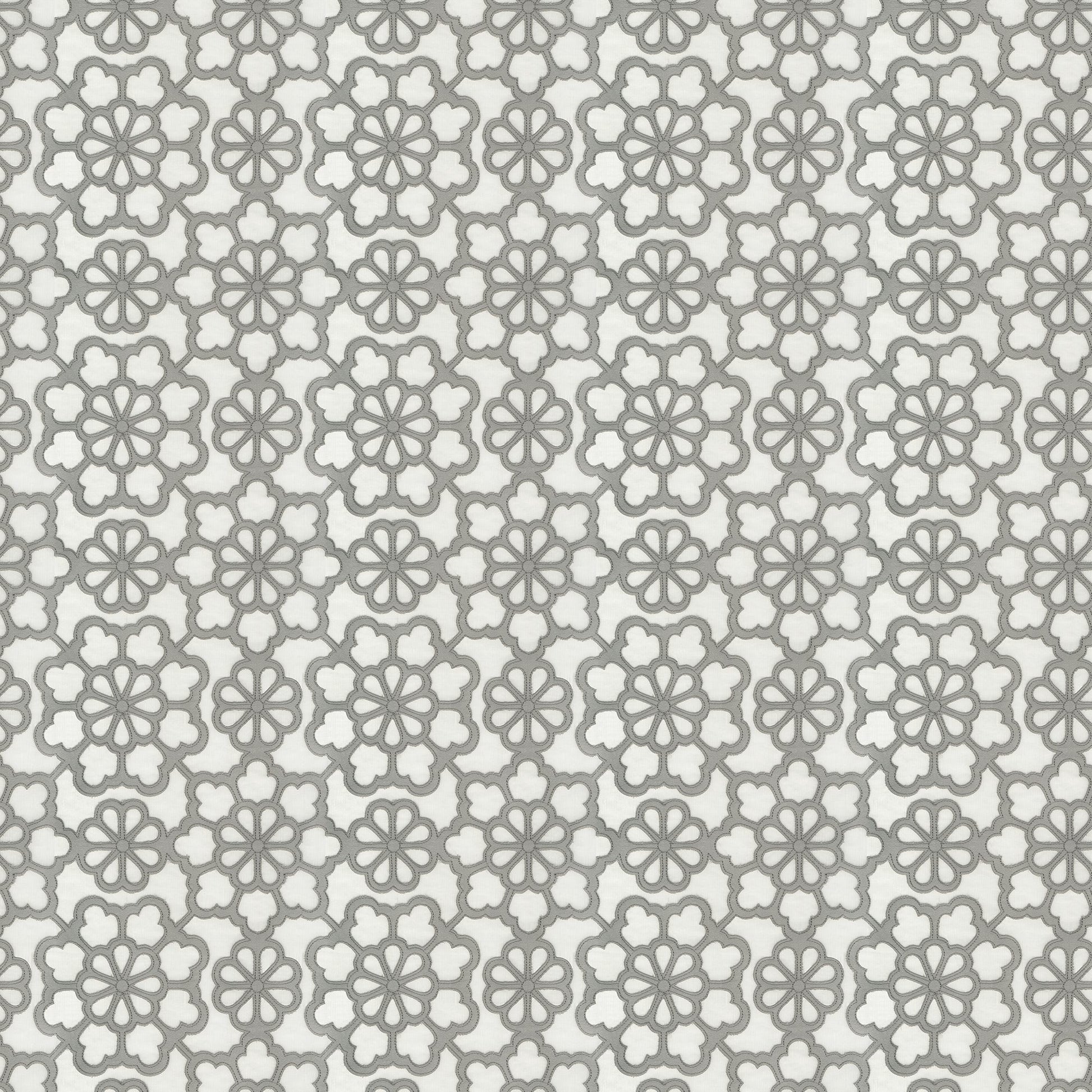 Blue floral embroidery fabric with a repeating rosette/quatrefoil pattern; sheer, textured.