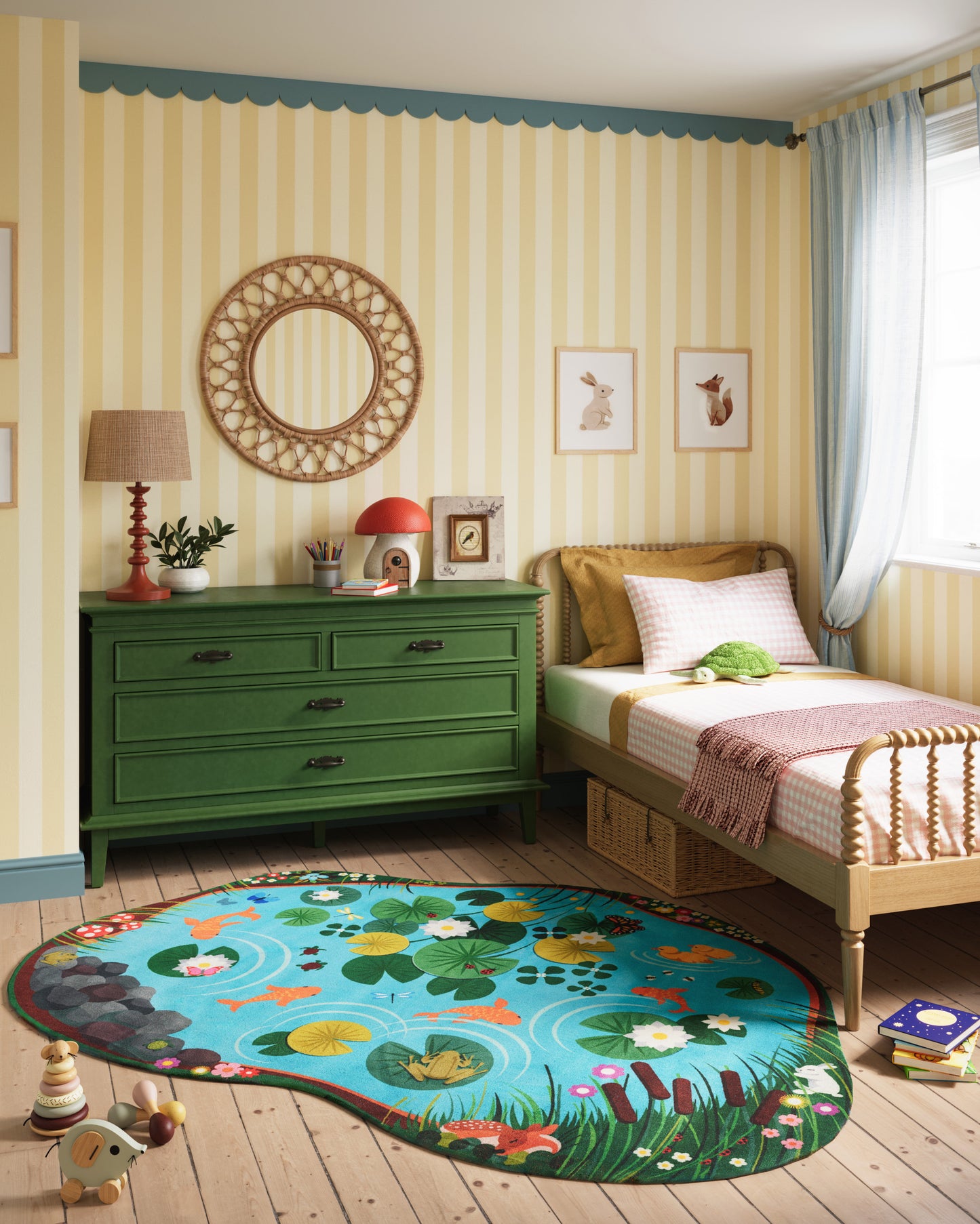 Cozy kids' bedroom: yellow striped walls, green dresser, round wicker mirror, framed art, wooden bed, and a blue floral rug.