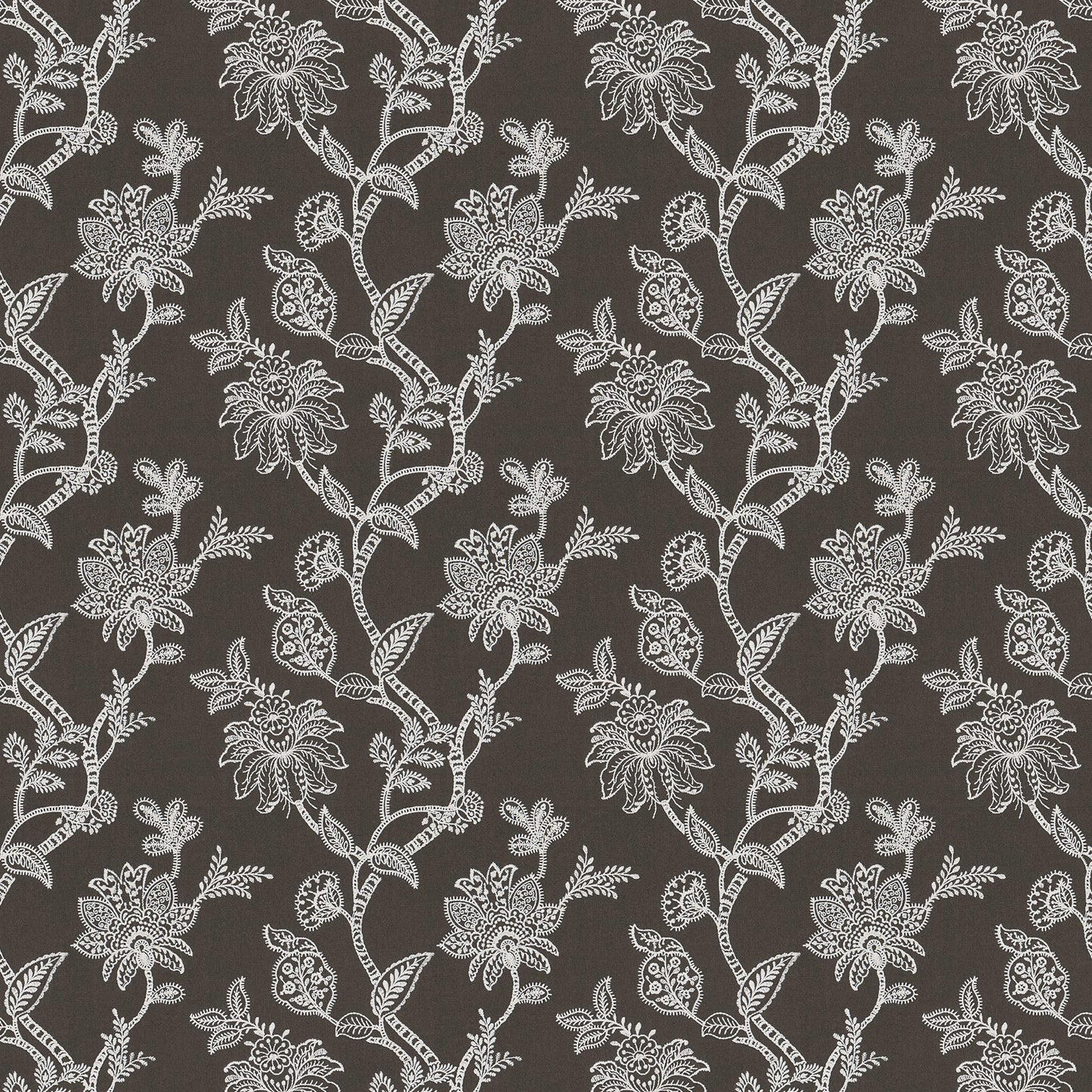Dark charcoal linen-textured fabric with grey/silver floral embroidery and a lace-like damask pattern for fashion & upholstery.