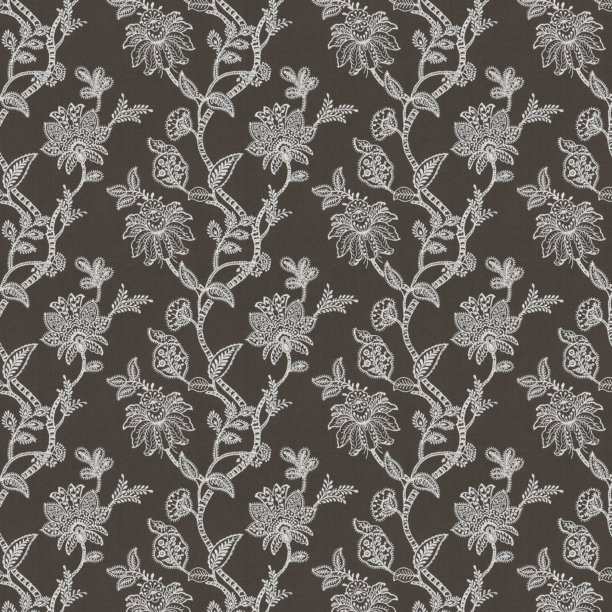 Dark charcoal linen-textured fabric with grey/silver floral embroidery and a lace-like damask pattern for fashion & upholstery.