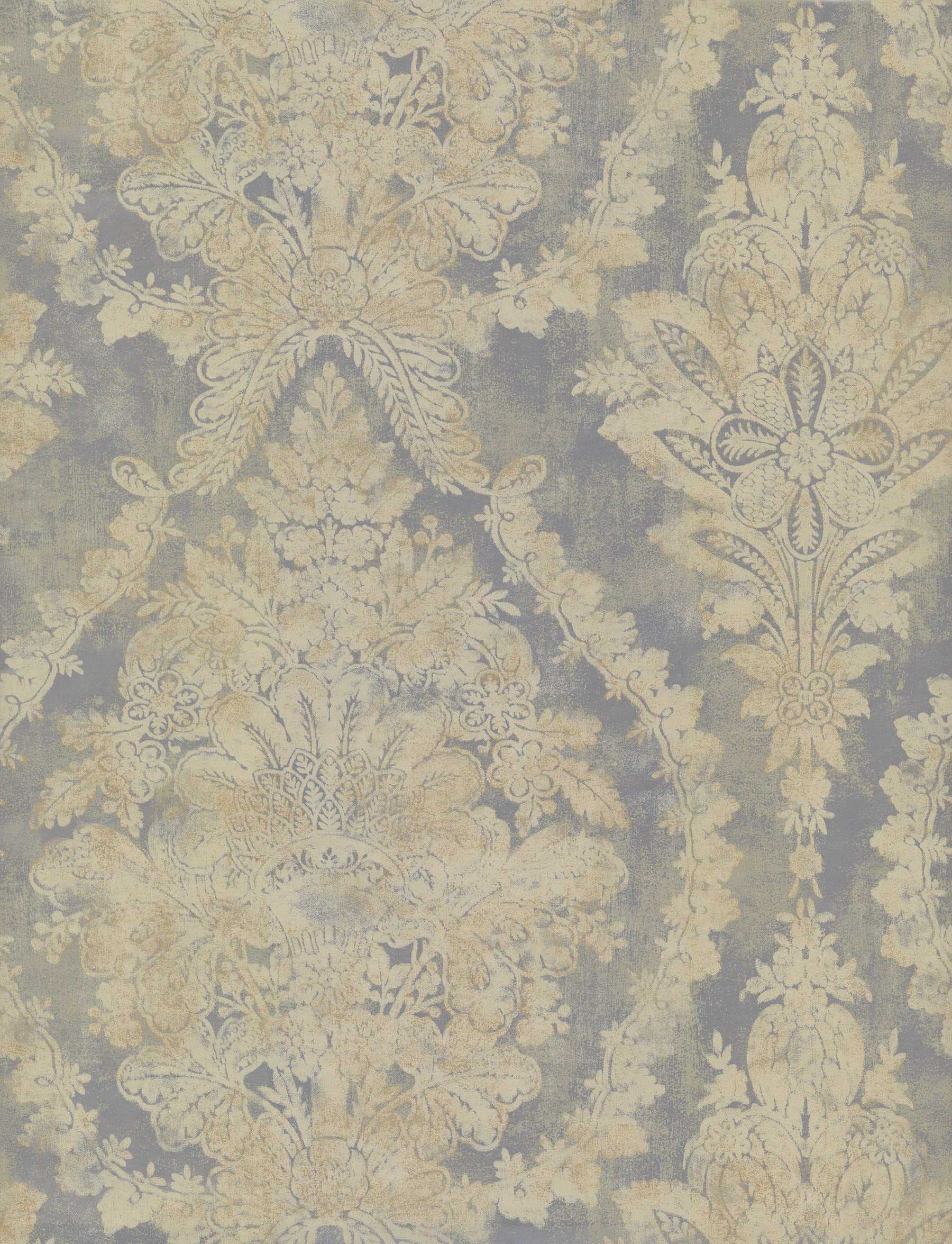 Silver damask floral wallpaper on grey background; ornate vintage pattern.