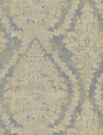 Silver damask floral wallpaper on grey background; ornate vintage pattern.