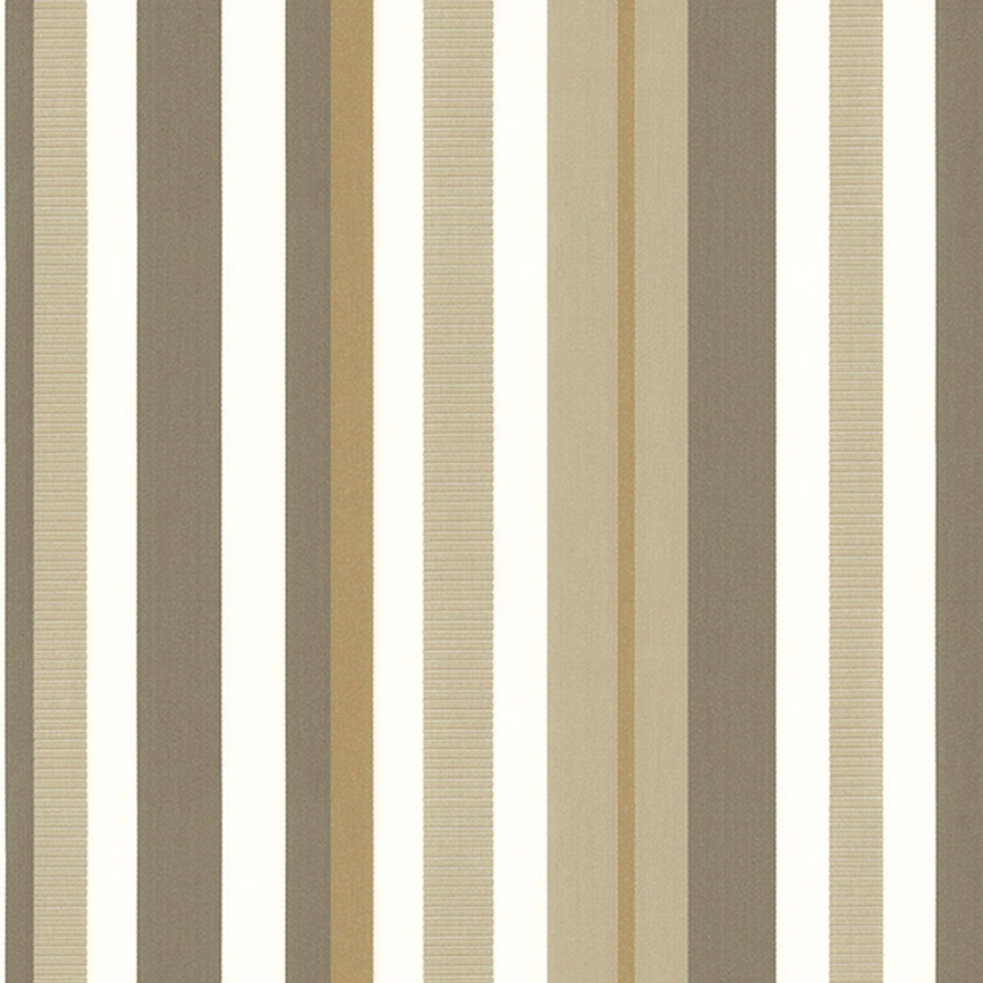 Striped brown fabric with neutral beige, tan and taupe vertical bands; subtle woven jacquard texture with a faux silk sheen.