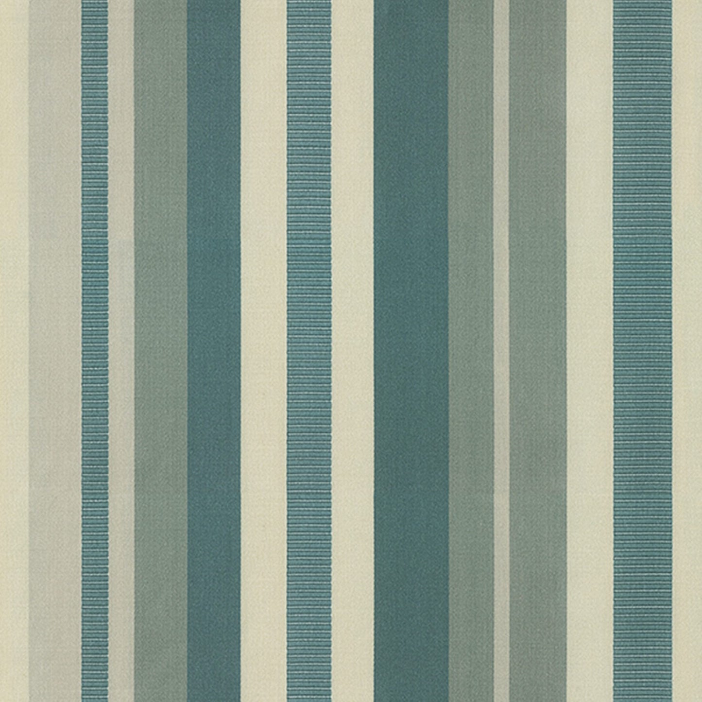 Vertical striped fabric in teal, blue, gray and cream tones with varying stripe widths.