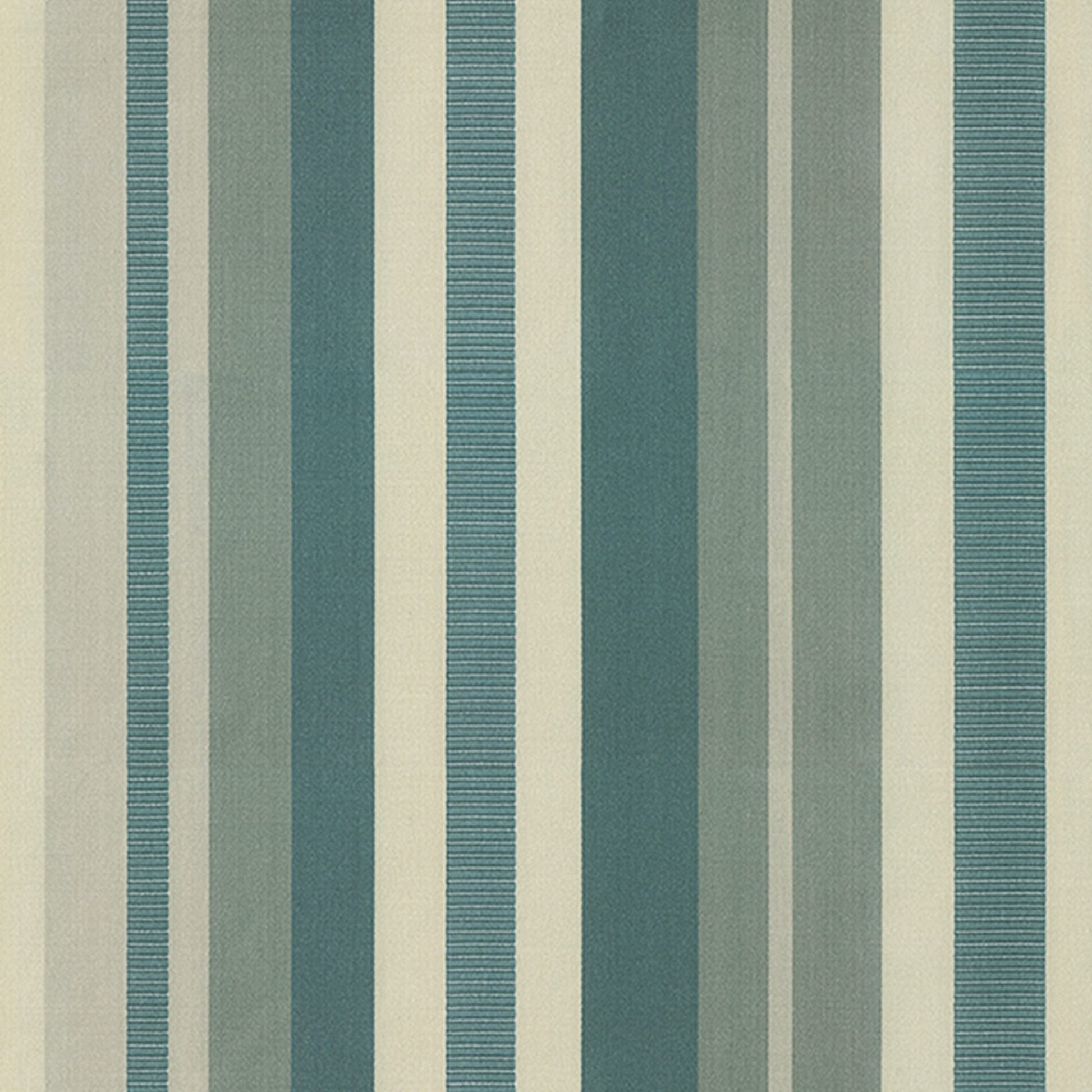 Vertical striped fabric in teal, blue, gray and cream tones with varying stripe widths.