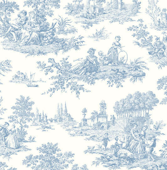 Seabrook Designs Prepasted Online Chateau Toile Prepasted Toile Traditional Blue Matte Sidewall - PR10602