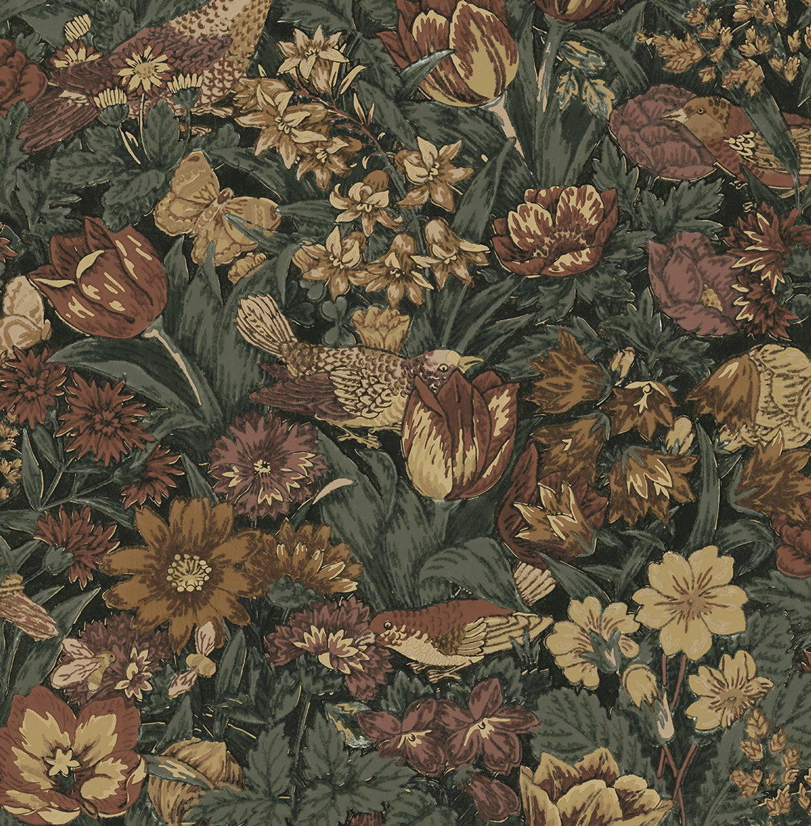 Seabrook Designs Prepasted Online Bird Floral Prepasted Botanical Vintage Brown Matte Sidewall - PR11708