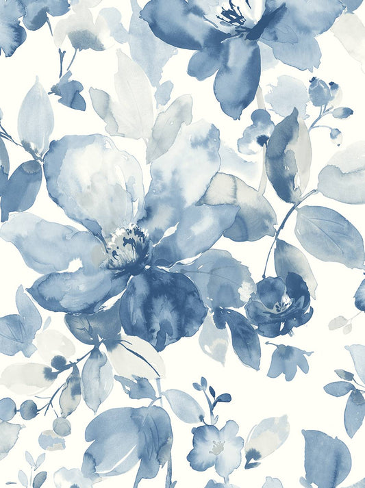 Seabrook Designs Prepasted Online Watercolor Garden Floral Contemporary Blue Matte Sidewall - PR12702