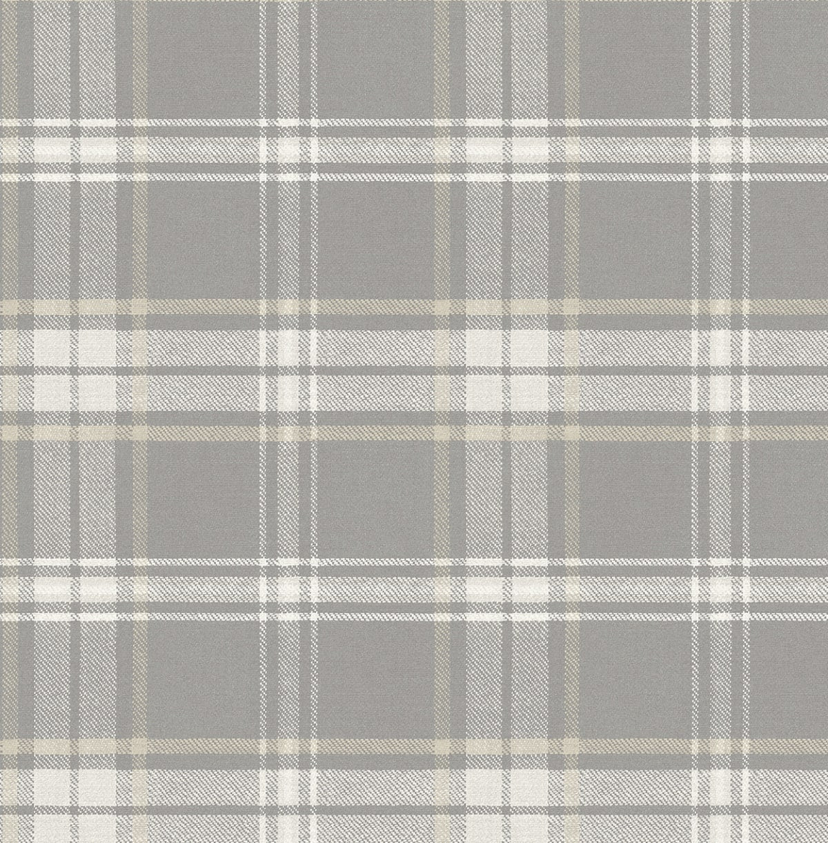 Grey plaid wallpaper with white and beige cross stripes in a classic tartan pattern, close-up view.