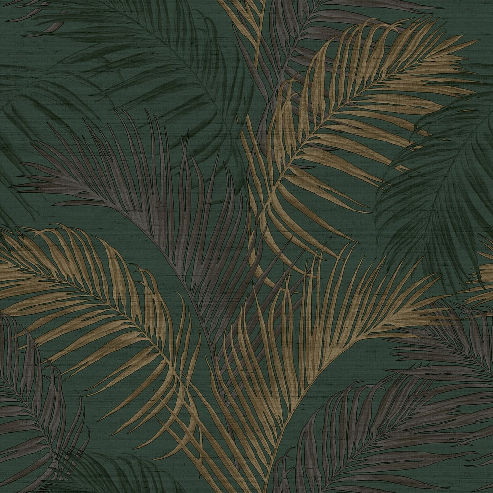 Dark green tropical wallpaper with gold palm fronds and botanical leaf pattern.