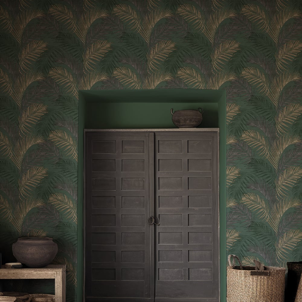 Green tropical wallpaper in an alcove with ceramic pots and a woven basket.
