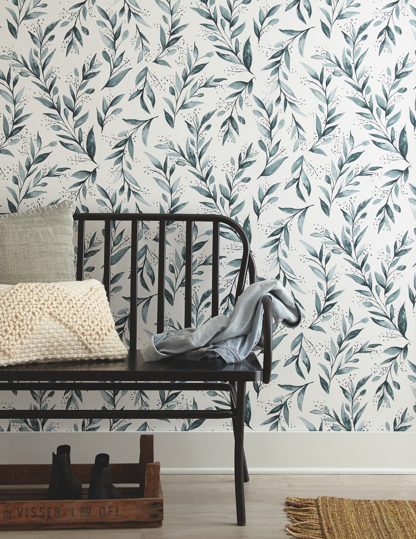 York Wallcoverings York Premium Peel + Stick Magnolia Magnolia Home Olive Branch Teal Peel and Stick Wallpaper  Botanical Blues  Wallpaper - PSW1002RL