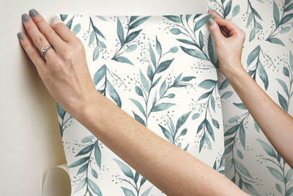 York Wallcoverings York Premium Peel + Stick Magnolia Magnolia Home Olive Branch Teal Peel and Stick Wallpaper  Botanical Blues  Wallpaper - PSW1002RL