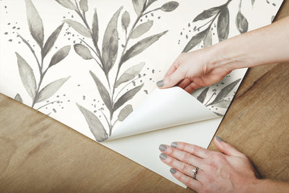 York Wallcoverings York Premium Peel + Stick Magnolia Magnolia Home Olive Branch Charcoal Peel and Stick Wallpaper  Botanical Greys  Wallpaper - PSW1003RL