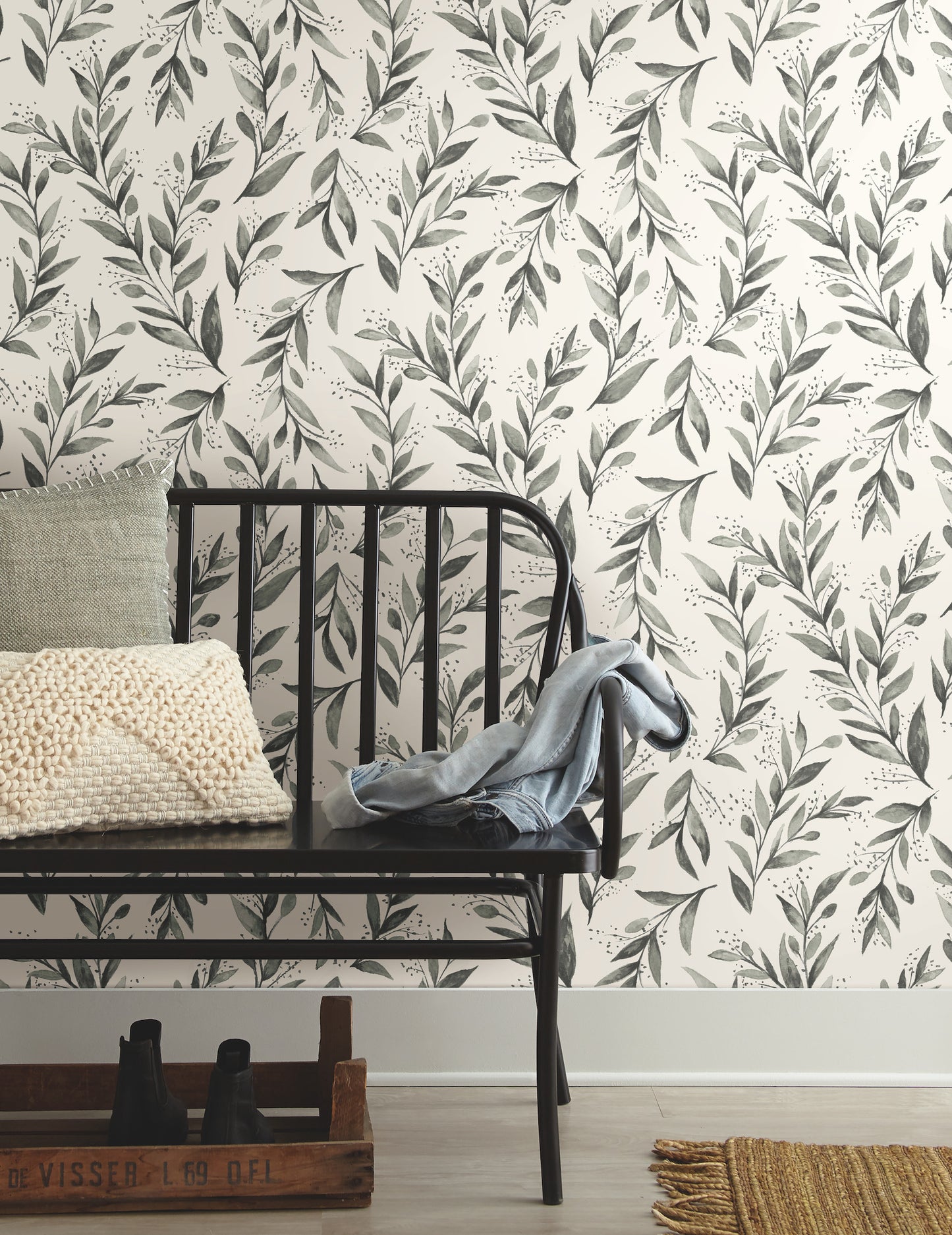 York Wallcoverings York Premium Peel + Stick Magnolia Magnolia Home Olive Branch Charcoal Peel and Stick Wallpaper  Botanical Greys  Wallpaper - PSW1003RL