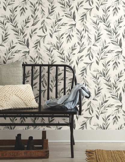 York Wallcoverings York Premium Peel + Stick Magnolia Magnolia Home Olive Branch Charcoal Peel and Stick Wallpaper  Botanical Greys  Wallpaper - PSW1003RL