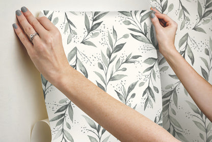 York Wallcoverings York Premium Peel + Stick Magnolia Magnolia Home Olive Branch Charcoal Peel and Stick Wallpaper  Botanical Greys  Wallpaper - PSW1003RL