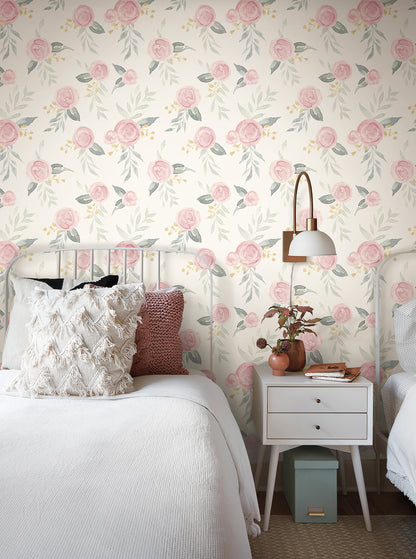 York Wallcoverings York Premium Peel + Stick Magnolia Magnolia Home Watercolor Roses Pink Peel and Stick Wallpaper  Botanical Pinks  Wallpaper - PSW1010RL